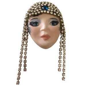 VINTAGE Art Deco Porcelain Face Brooch Pin Rhinestone Flapper Headdress